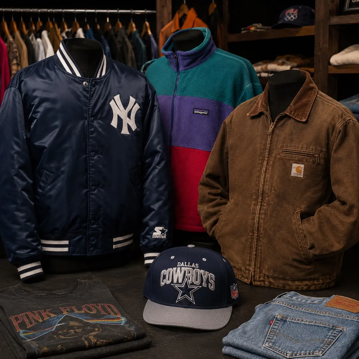 Vintage branded jackets, hats and clothing we buy